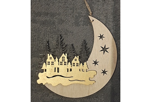 [122064] Pendentif de Noël en bois lune maisons 18 cm