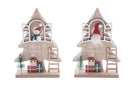 [122298] Babbo Natale si arrampica sulla casa sull'albero in legno per la decorazione natalizia 21 cm