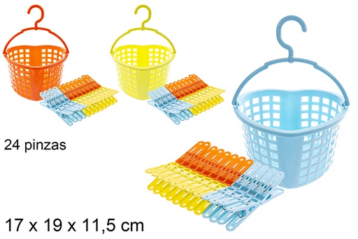 [122370] Panier en plastique en forme de cœur avec 24 clips de couleurs assorties