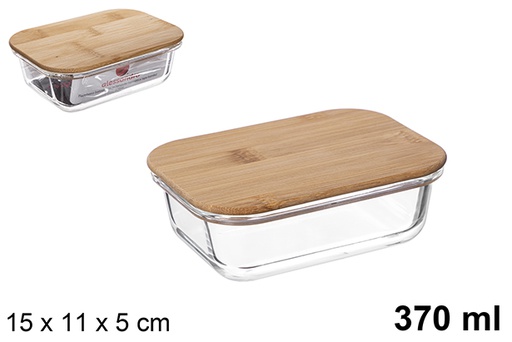 [122508] Rectangular borosilicate lunch box with airtight bamboo lid 370 ml
