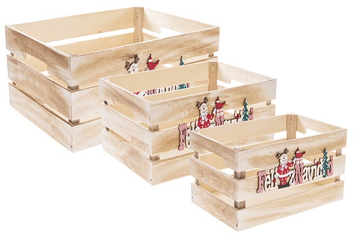 [122552] Juego 3 cajas madera natural decorada Feliz navidad 32x24.5x16cm