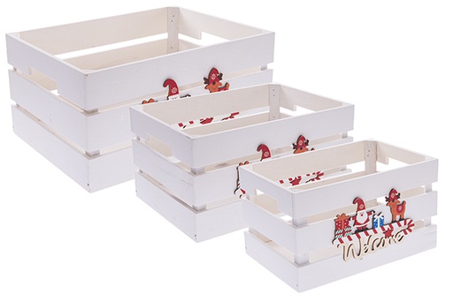 [122560] Pack 3 caisses en bois naturel décorées Welcome 32x24,5x16 cm