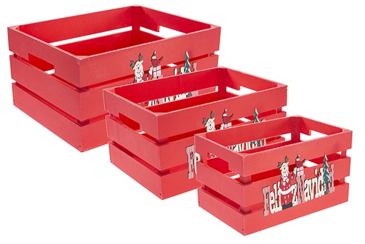 [122646] Juego 3 cajas madera roja decorada Feliz navidad 32x24.5x16cm