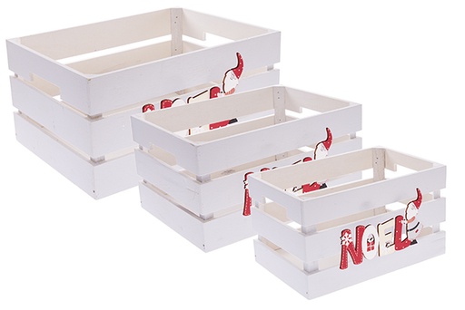 [122654] Set di 3 scatole in legno bianco decorato con Noel 32x24,5x16 cm