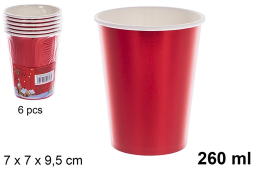 [122671] Pack 6 gobelets en papier rouge Noël 260 ml