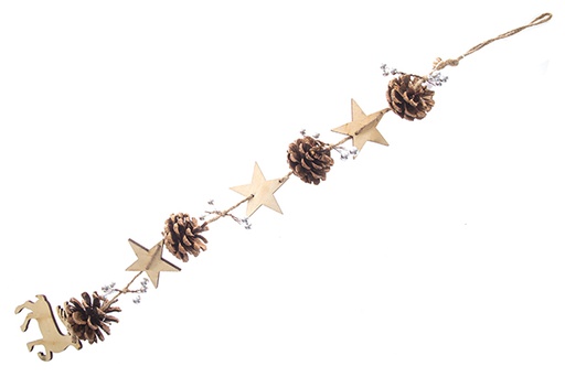 [122741] Colgante madera navidad con piñas y estrellas madera natural 65cm