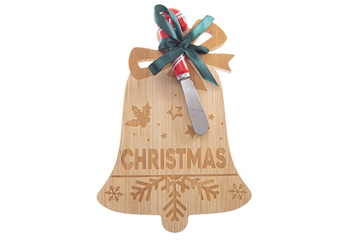 [122748] Tabla bambu campana Navidad con cuchillo mantequilla 22x15cm