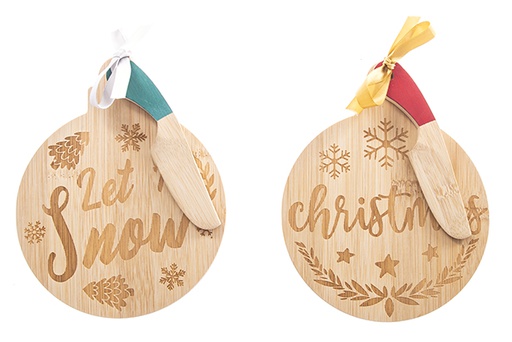 [122750] Tagliere rotondo in bambù decorato a Natale con coltello da burro 17x14 cm
