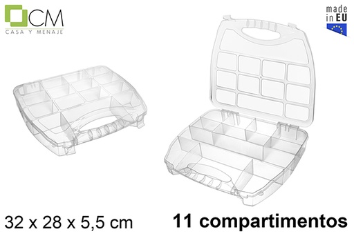 [122990] Scatola portaoggetti in plastica 11 scomparti trasparenti 32x28x5,5 cm