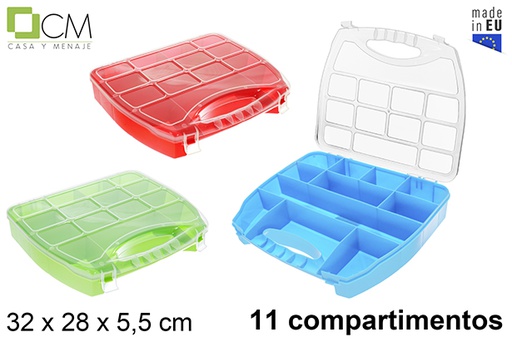 [122992] Boîte de rangement en plastique 11 compartiments couleurs assorties 32x28x5,5 cm