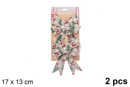 [123029] Pack 2 fiocchi natalizi in tela di sacco decorati con renna/albero 17x13 cm