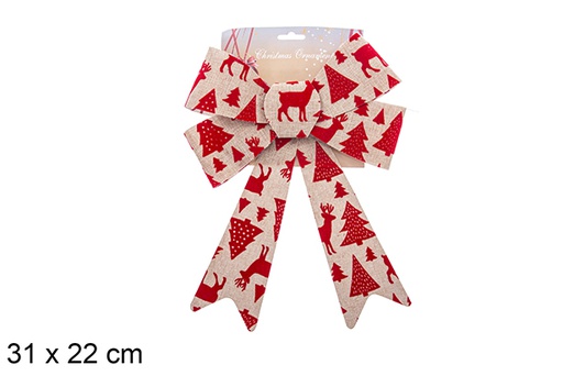 [123030] Sac à nœud de Noël décoré de rennes/sapin rouge 31x22cm
