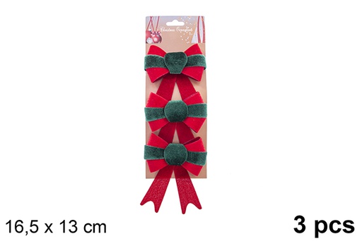 [123034] Pack 3 fiocchi natalizi in tessuto rosso/verde 16,5x 13 cm