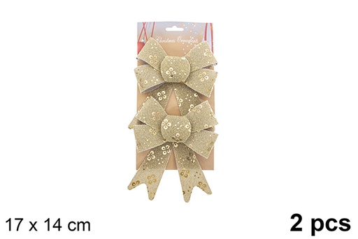 [123062] Pack 2 laços de Natal dourados decorados com glitter 17x14cm
