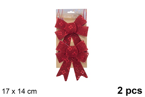 [123064] Pack 2 noeuds de Noël rouges décorés de paillettes 17x14cm