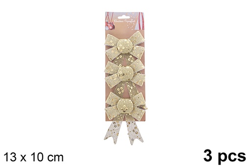 [123065] Pack 3 fiocchi natalizi dorati decorati glitter 13x10cm