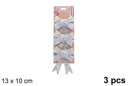 [123066] Pack 3 noeuds de Noël argentés décorés de paillettes 13x10cm