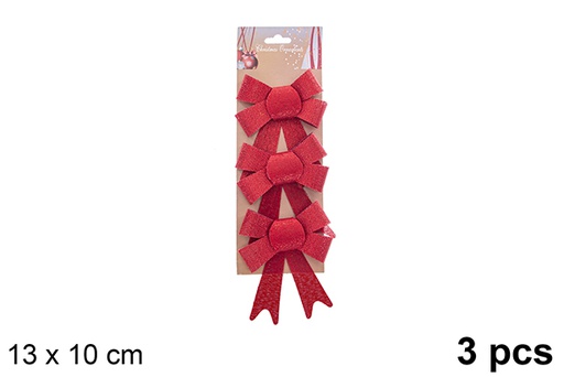 [123073] Pack 3 red Christmas bows with glitter effect 13x10cm