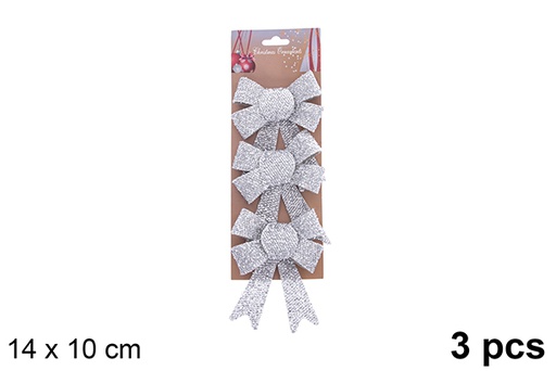 [123118] Pack 3 noeuds de Noël argent brillant 14x10cm
