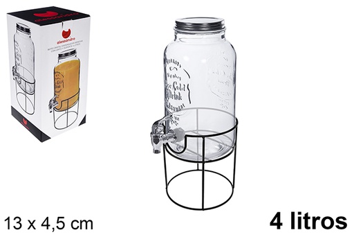 [123207] Frasco dispensador de bebidas em vidro com torneira e suporte 4 litros