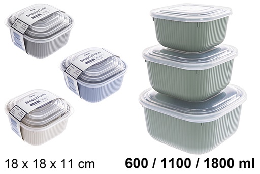 [123264] Pack of 3 square plastic lunch boxes 600/1100/1800ml