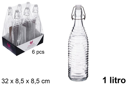 [123384] Glass water bottle with striped relief and soda cap, 1 liter