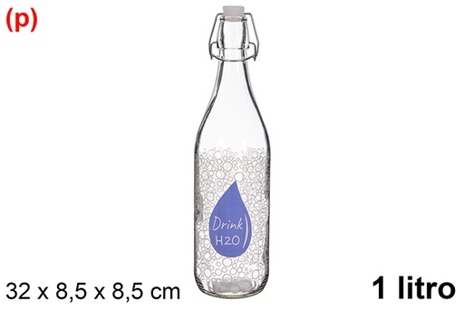 [123385] Bouteille d'eau en verre décorée d'une goutte d'eau et d'un bouchon de soda, 1 litre