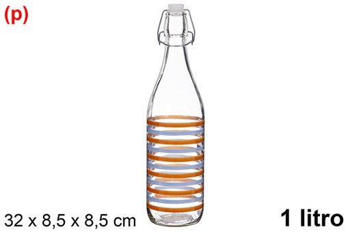 [123387] Glass water bottle decorated with stripes and soda cap, 1 liter