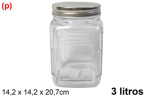 [123423] Square glass jar with silver metal lid 3 liters
