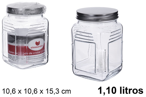 [123426] Square glass jar with silver metal lid 1.10 liters