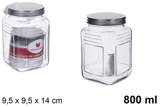 [123427] Barattolo quadrato in vetro con coperchio in metallo argentato 800 ml