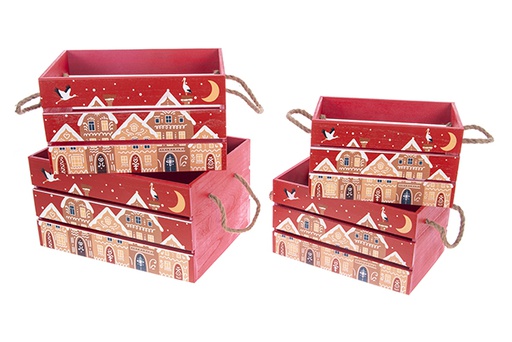 [123487] Juego 4 cajas madera roja decorada casas Navidad 40x30x22 cm