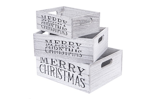 [123488] Juego 3 cajas madera gris MERRY CHRISTMAS decorada navidad  30x24x12 cm
