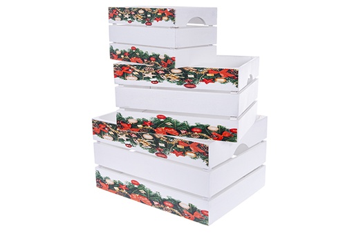 [123489] Lot de 3 boîtes en bois blanches décorées de guirlandes de Noël 41x31x22 cm 