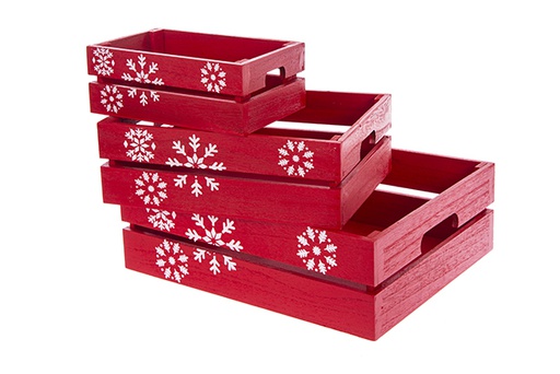 [123490] Juego 3 cajas madera roja decorada copos navidad  38x30x12 cm