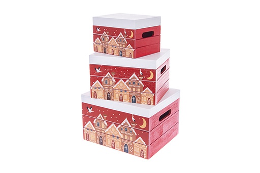 [123493] Set di 3 scatole di legno rosse con coperchio decorate con casette natalizie, 30x25x19 cm