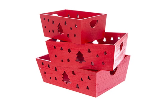 [123494] Conjunto de 3 caixas de madeira vermelho decoradas com uma árvore de Natal, 35x25x12 cm