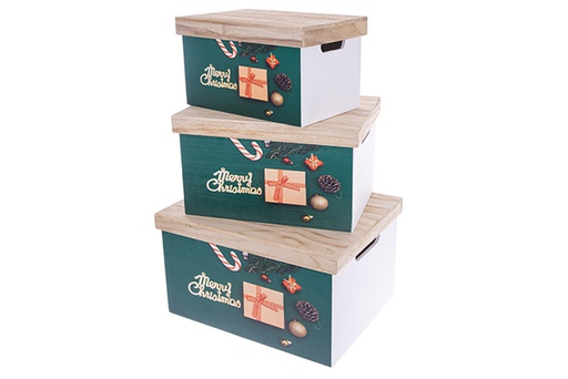 [123495] Set of 3 green wooden boxes with Merry Christmas lids decorated with Christmas decorations, 42x33x24 cm