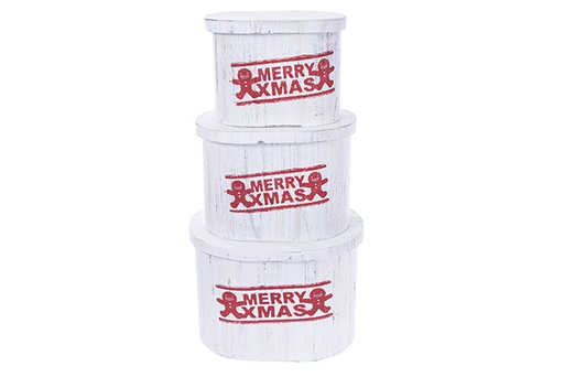 [123498] Set of 3 oval white wooden boxes with lid MERRY XMAS decorated Christmas 36x26x25 cm