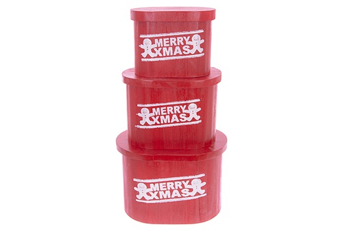 [123501] Conjunto de 3 caixas ovais em madeira vermelho com tampa MERRY XMAS decoradas Natal 36x26x25 cm