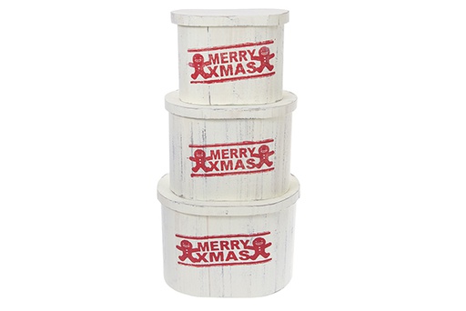[123503] Juego 3 cajas ovalada madera vainilla con tapa MERRY XMAS decorada Navidad 36x26x25 cm