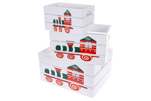 [123505] Set of 3 white wooden boxes decorated with Christmas trains, 41x31x22 cm