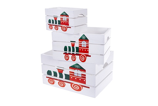 [123508] Set of 3 white wooden boxes decorated with Christmas trains, 37x27x20 cm