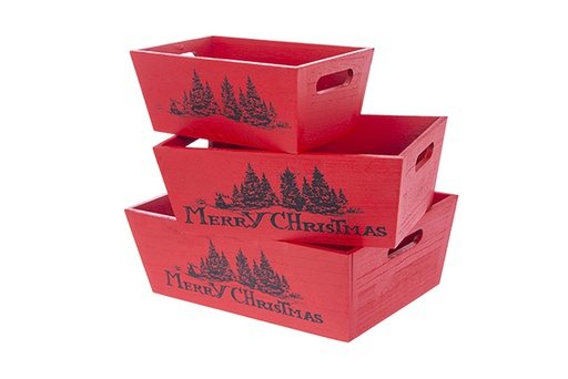 [123509] Set of 3 re wooden boxes MERRY CHRISTMAS decorated Christmas 35x25x12 cm