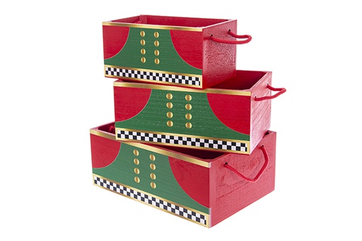 [123519] Conjunto de 3 caixas de madeira vermelhas decoradas com roupas de Natal, 34x24x14 cm