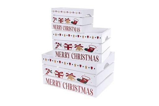 [123520] Conjunto de 3 caixas de oferta em madeira branca e sino de Natal decorado 37x27x20 cm