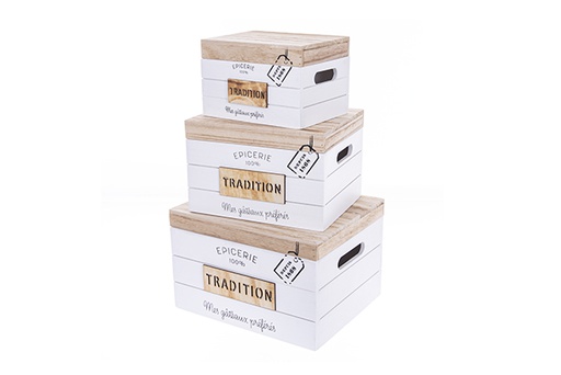 [123522] Lot de 3 boîtes en bois blanches avec couvercle TRADITION décorées Noël 30x25x19 cm