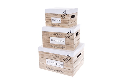 [123523] Set of 3 natural wood boxes with lid TRADITION decorated Christmas 30x25x19 cm
