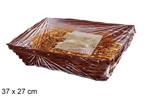 [123672] Panier rectangulaire en acajou avec paille et cellophane 37 x 27 cm