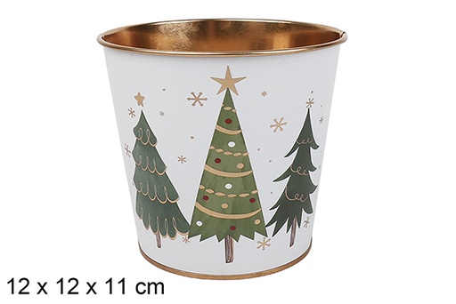 [123699] Decorated metal planter cube, assorted Christmas trees 12x12x11 cm